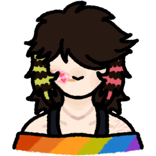 a light-skinned person with scars visible on their shoulder. a pink bandage with darker and lighter pink hearts holds a nasal cannula to their face. they have dark brown shaggy scene hair. one side of their face is framed by hair highlighted with lime raccoon tail hair pattern, and the other side with pink raccoon tail hair pattern. they are wearing a rainbow striped shirt off the shoulders, with two black sports bra straps visible underneath